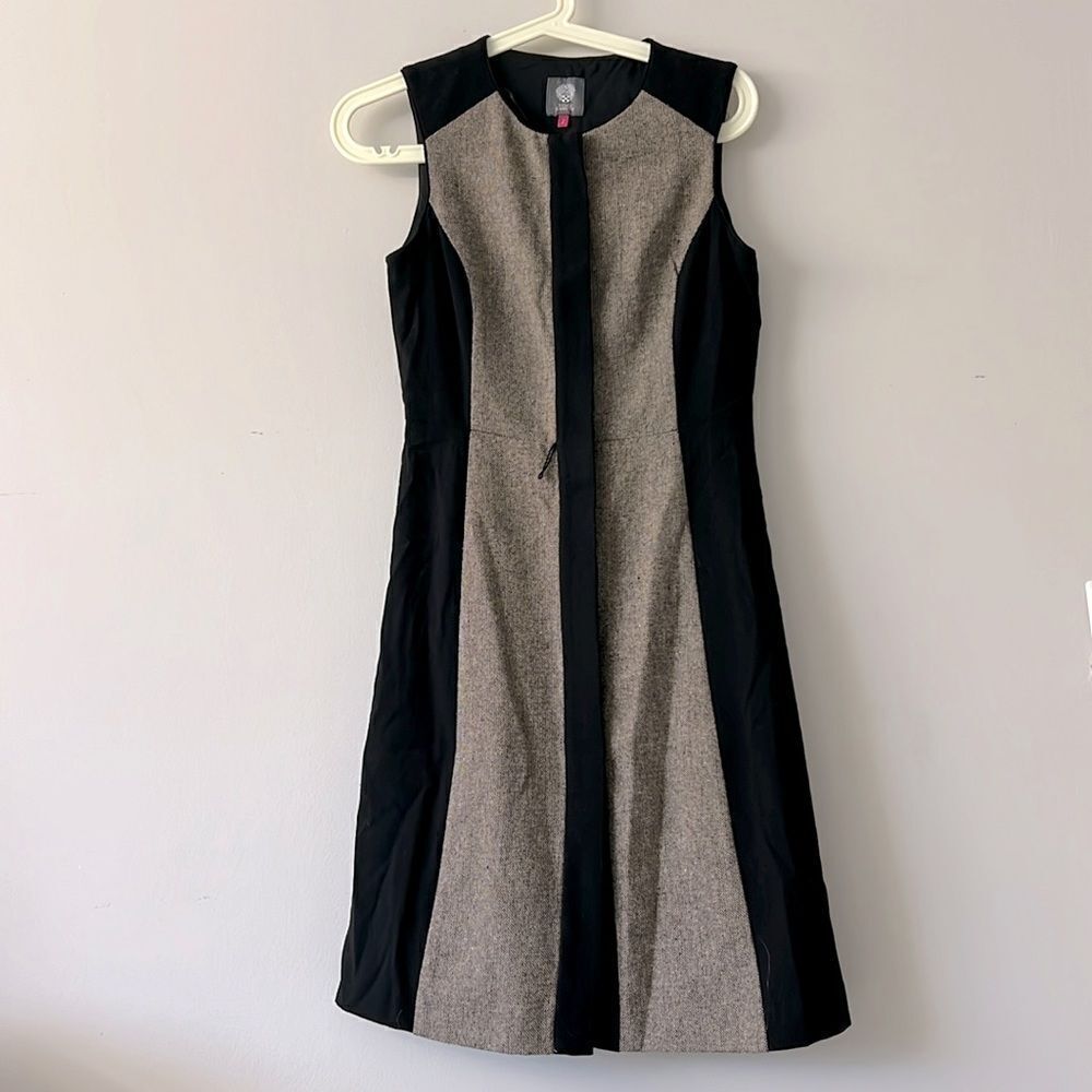 Vince Camuto women wool blend black brown sleeveless dress hidden side pockets